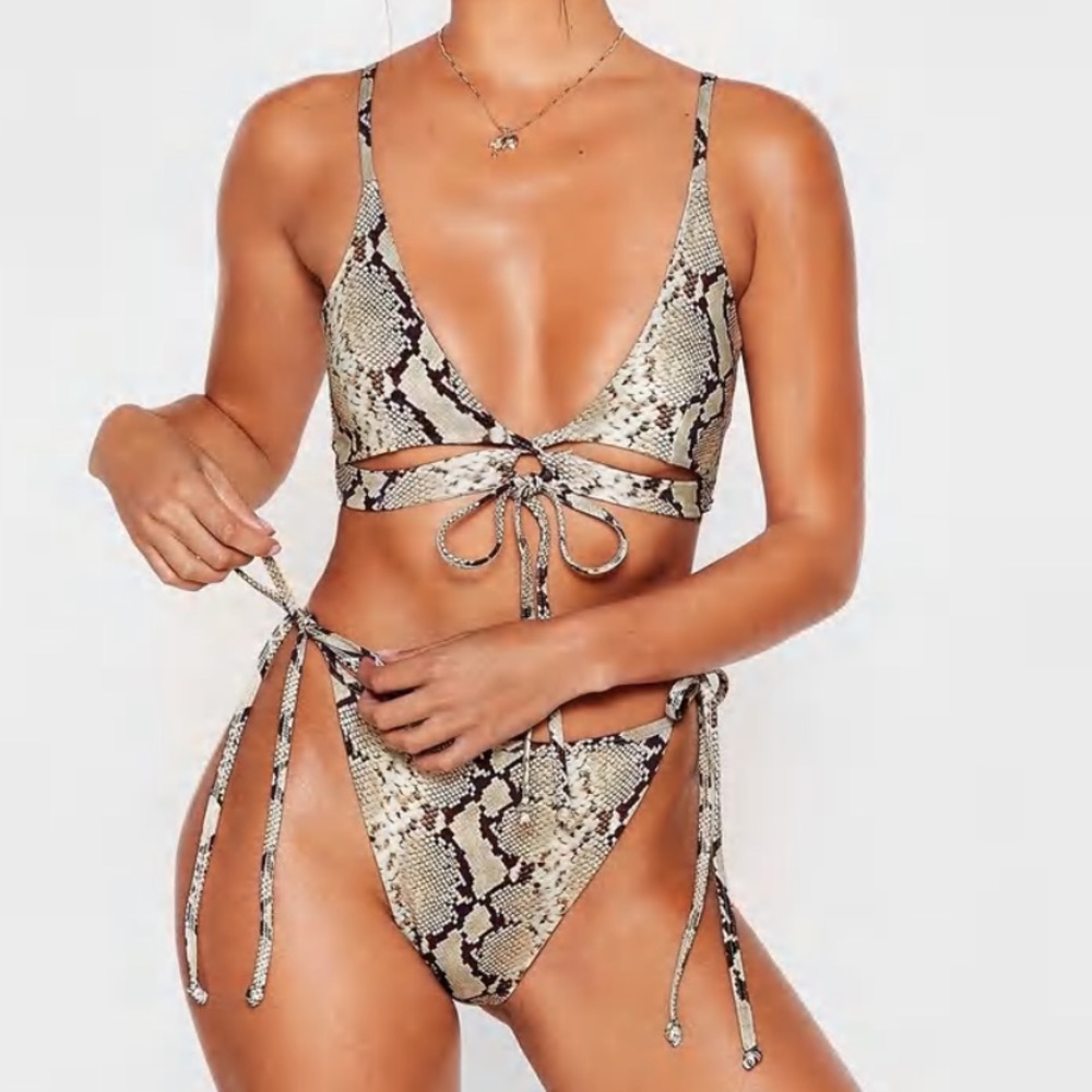 Snake Print Tie High Leg Bikini Set